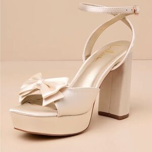 Lulus Pearlla Bow Champagne Satin Platform High Heel Sandals